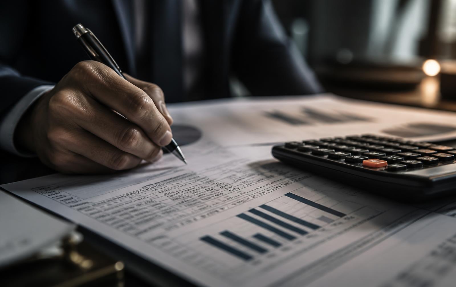 Profissional revisando relatórios financeiros impressos